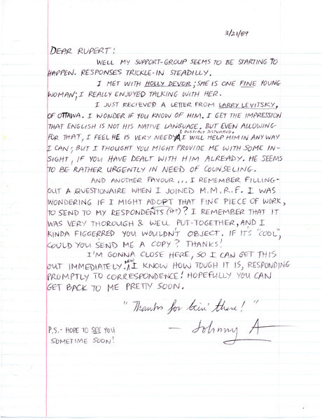 Download the full-sized image of Letter from Johnny Austen to Rupert Raj (March 21, 1989)
