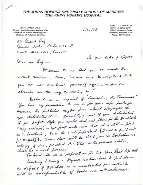 Download the full-sized image of Letter from Dr. John Money to Rupert Raj (May 21, 1988)