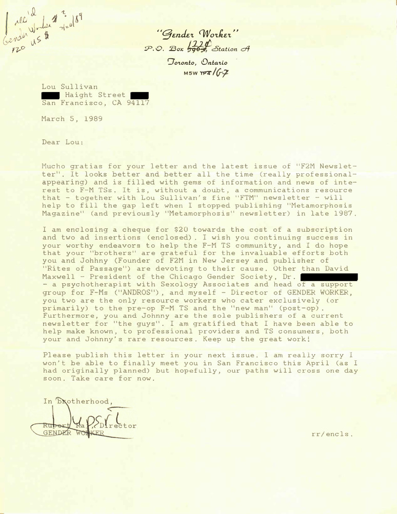 Download the full-sized PDF of Correspondence from Rupert Raj to Lou Sullivan (March 5, 1989)
