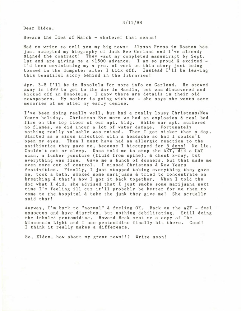 Download the full-sized PDF of Correspondence from Lou Sullivan to Eldon Murray (March 15, 1988)