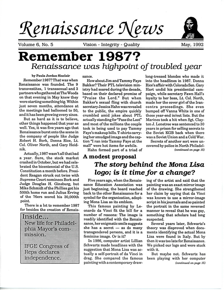Download the full-sized PDF of Renaissance News, Vol. 6 No. 5 (May 1992)