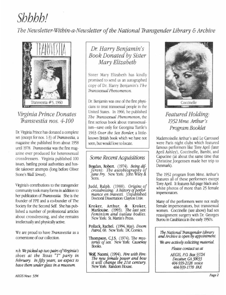 Download the full-sized PDF of Shhhh!: The Newsletter-Within-a-Newsletter of the National Transgender Library & Archive Vol. 1 No. 0 (May, 1994)