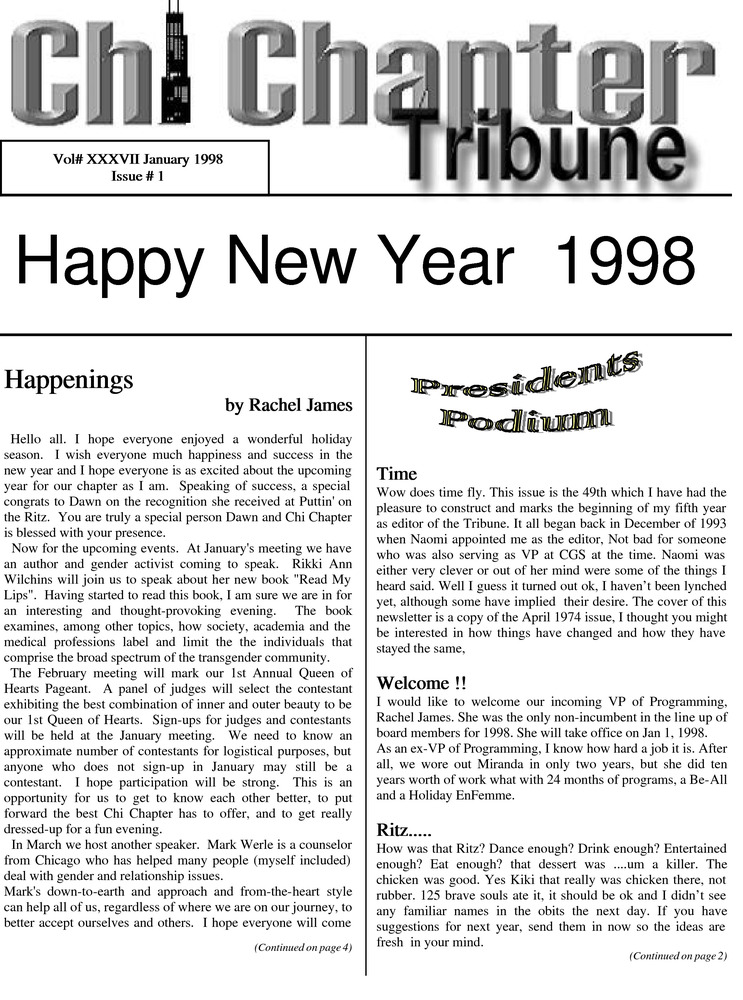 Download the full-sized PDF of Chi Chapter Tribune Vol. 37 Iss. 01 (January, 1998)
