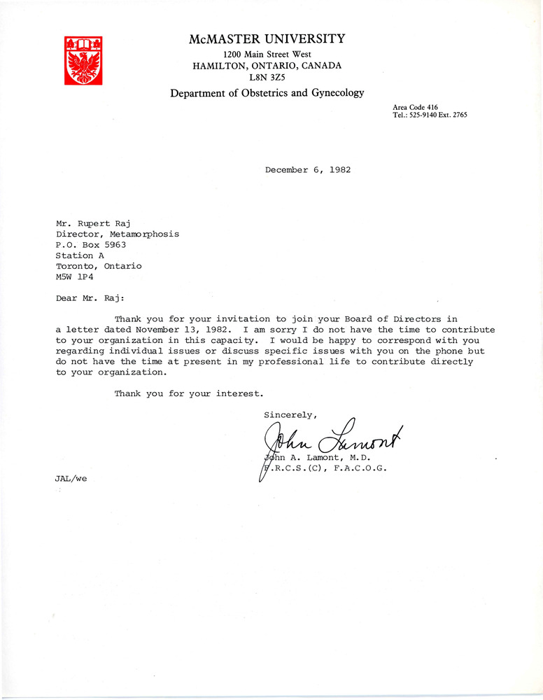 Download the full-sized PDF of Letter from Dr. John A. Lamont to Mr. Rupert Raj (December 6, 1982)