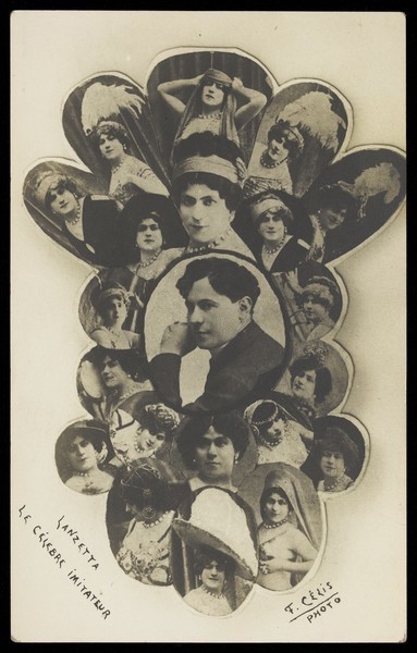 Download the full-sized image of A quick-change performer known as "Lanzetta"; inset in many small portraits. Photographic postcard by F. Célis, 191-.