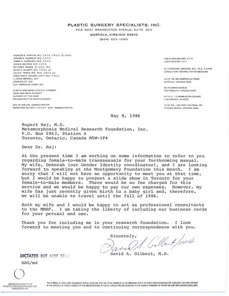 Download the full-sized image of Letter from Dr. David A. Gilbert to Rupert Raj (May 8, 1986)