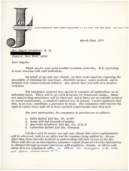 Download the full-sized image of Letter from Fred Bitterfield to Angelo Tornabene (March 22, 1974)