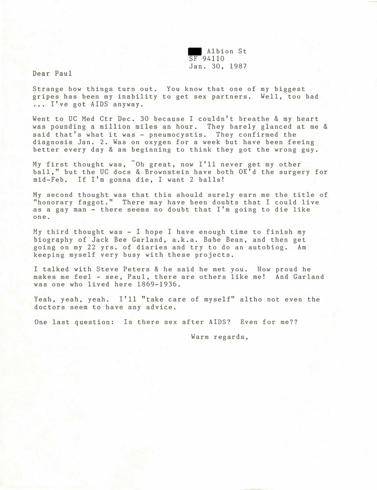 Download the full-sized PDF of Correspondence from Lou Sullivan to Paul Walker (January 30, 1987)
