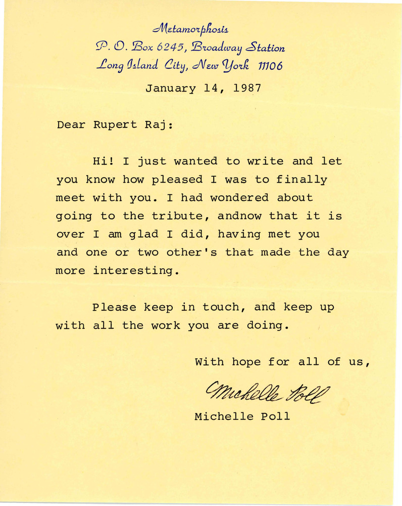 Download the full-sized PDF of Letter from Michelle Poll to Rupert Raj (January 14, 1987)