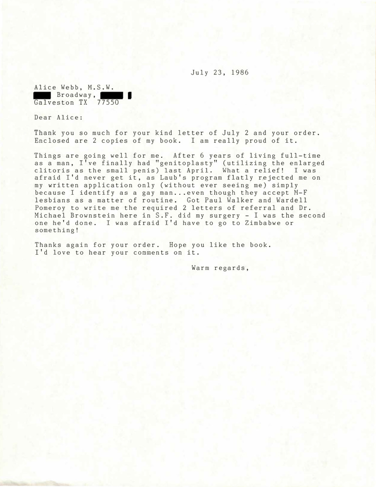 Download the full-sized PDF of Correspondence from Lou Sullivan to Alice Webb (July 23, 1986)