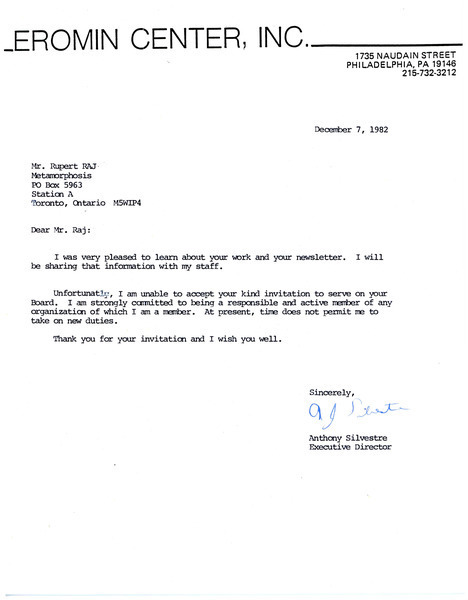 Download the full-sized image of Letter from Anthony Silvestre to Rupert Raj (December 7, 1982)