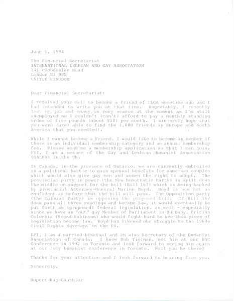 Download the full-sized image of Letter from Rupert Raj to Financial Secretariat of the International Lesbian and Gay Organization (June 1, 1994)