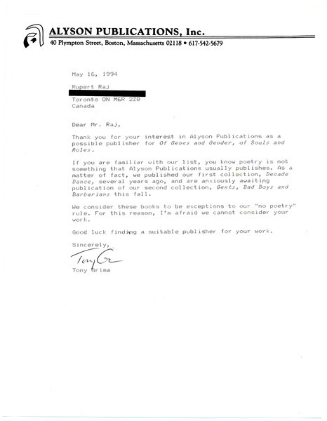 Download the full-sized image of Letter from Tony Grima to Rupert Raj (May 16, 1994)