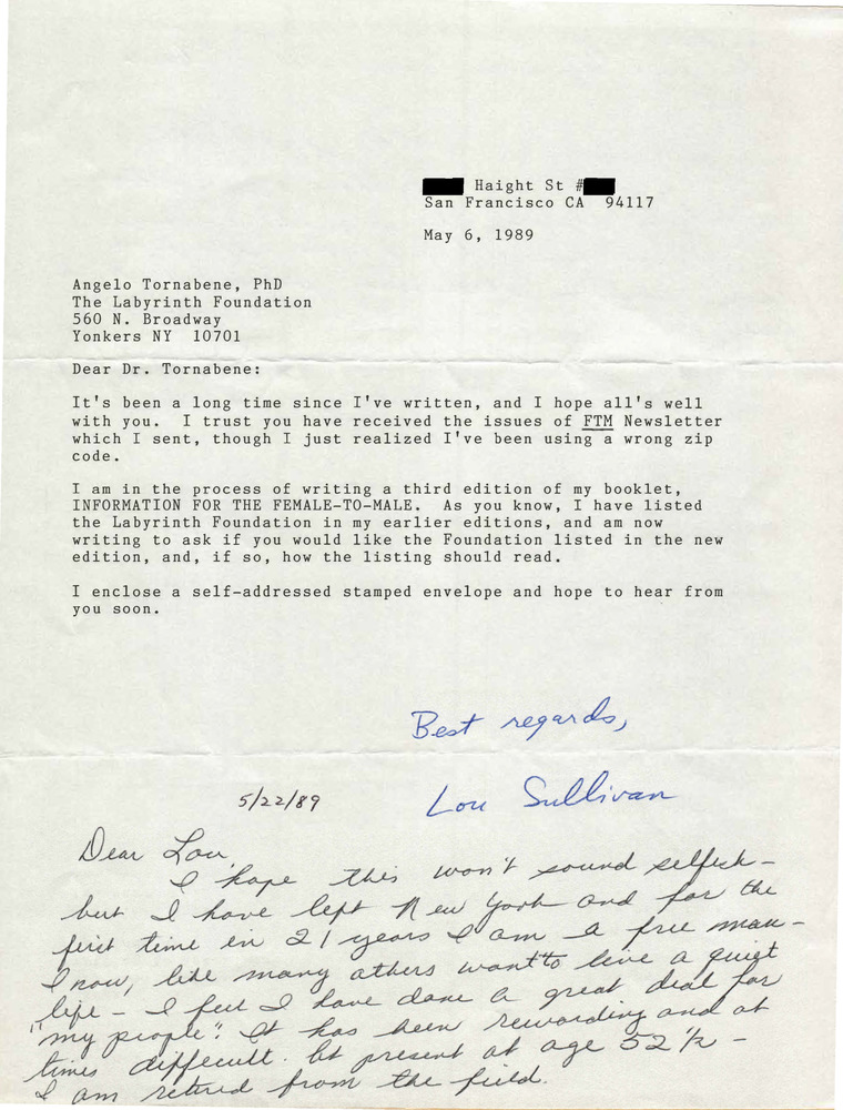 Download the full-sized PDF of Correspondence Between Angelo Tornabene and Lou Sullivan (May 1989)