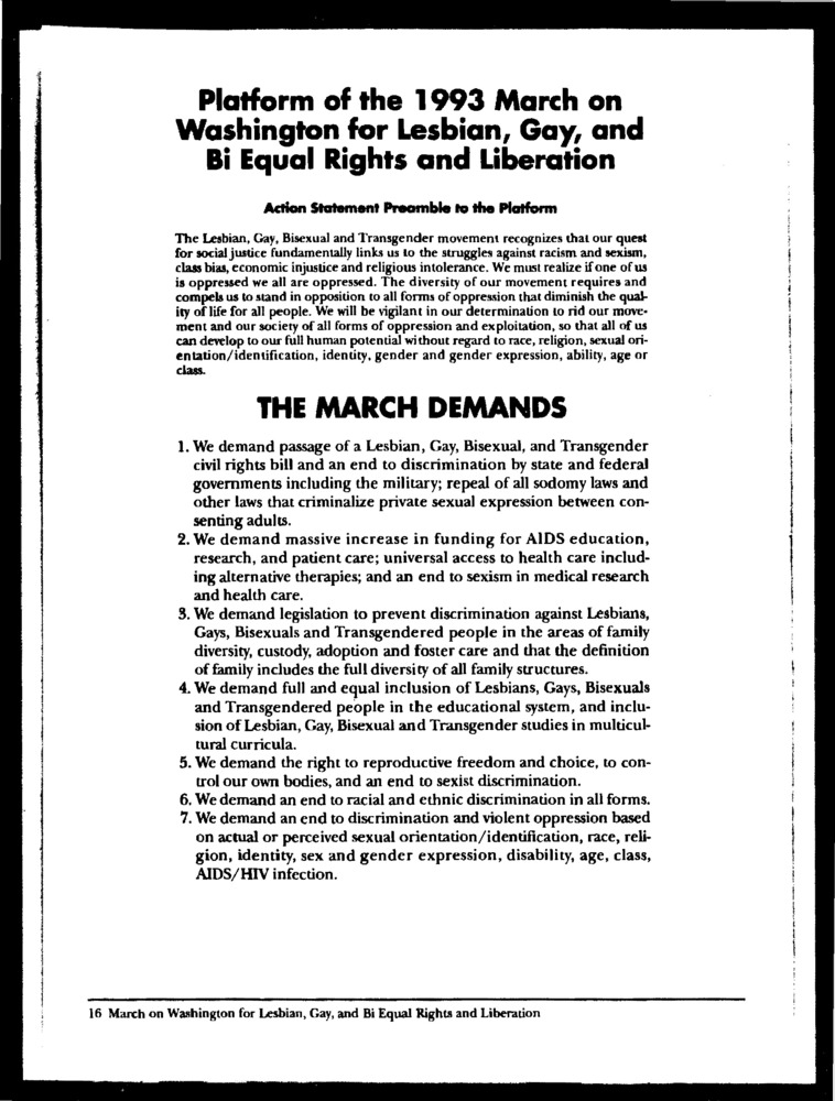 Download the full-sized PDF of Platform of the 1993 March on Washington for Lesbian, Gay, and Bi Equal Rights and Liberation