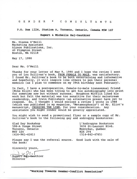 Download the full-sized image of Letter from Rupert Raj to Ms. Diana O'Neill (May 17, 1990)