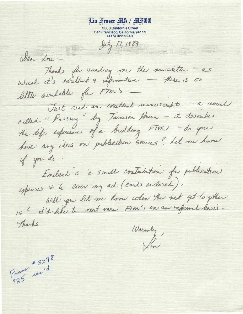 Download the full-sized PDF of Correspondence from Lin Fraser to Lou Sullivan (July 17, 1989)