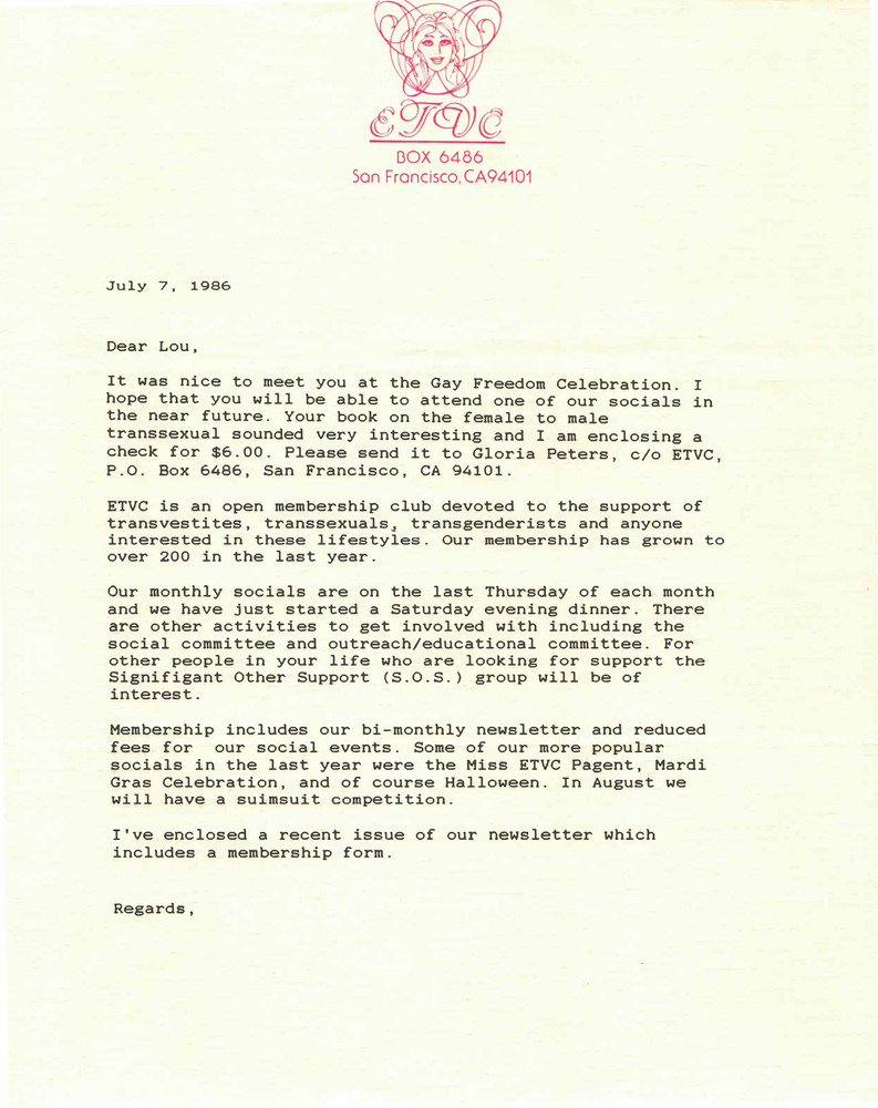 Download the full-sized PDF of Correspondence from ETVC to Lou Sullivan (July 7, 1986)