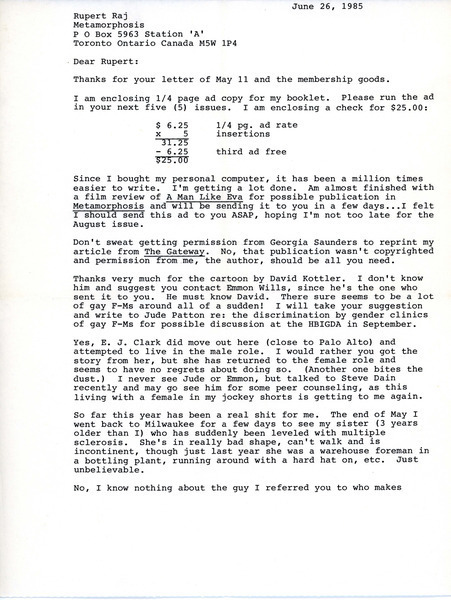 Download the full-sized image of Letter from Lou Sullivan to Rupert Raj (June 26, 1985)