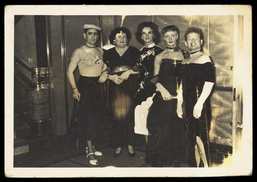 Download the full-sized image of Sailors in drag on S.S. Caronia. Photograph, 195-.