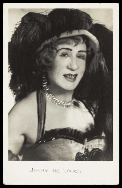 Download the full-sized image of Jimmy De Lancy in drag. Photographic postcard, 195-.