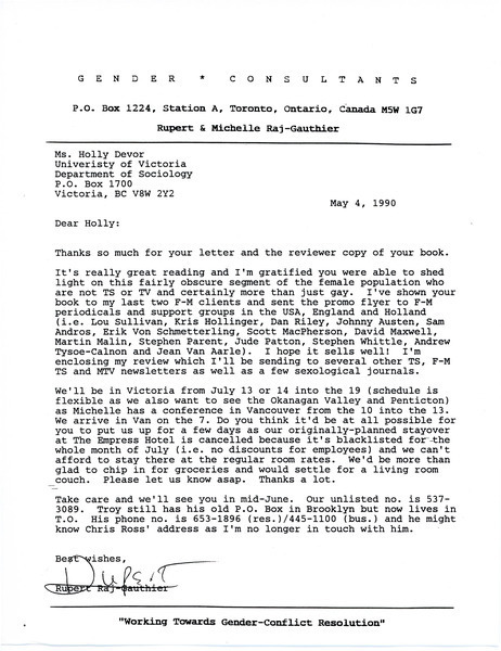 Download the full-sized image of Letter from Rupert Raj to Holly Devor (May 4, 1990)