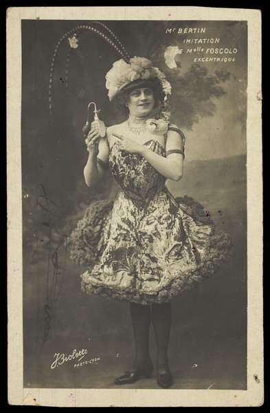 Download the full-sized image of R. Bertin in character as Mademoiselle Foscolo. Photographic postcard, ca. 1910.