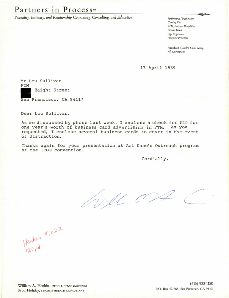 Download the full-sized PDF of Correspondence from William Henkin to Lou Sullivan (April 17, 1989)