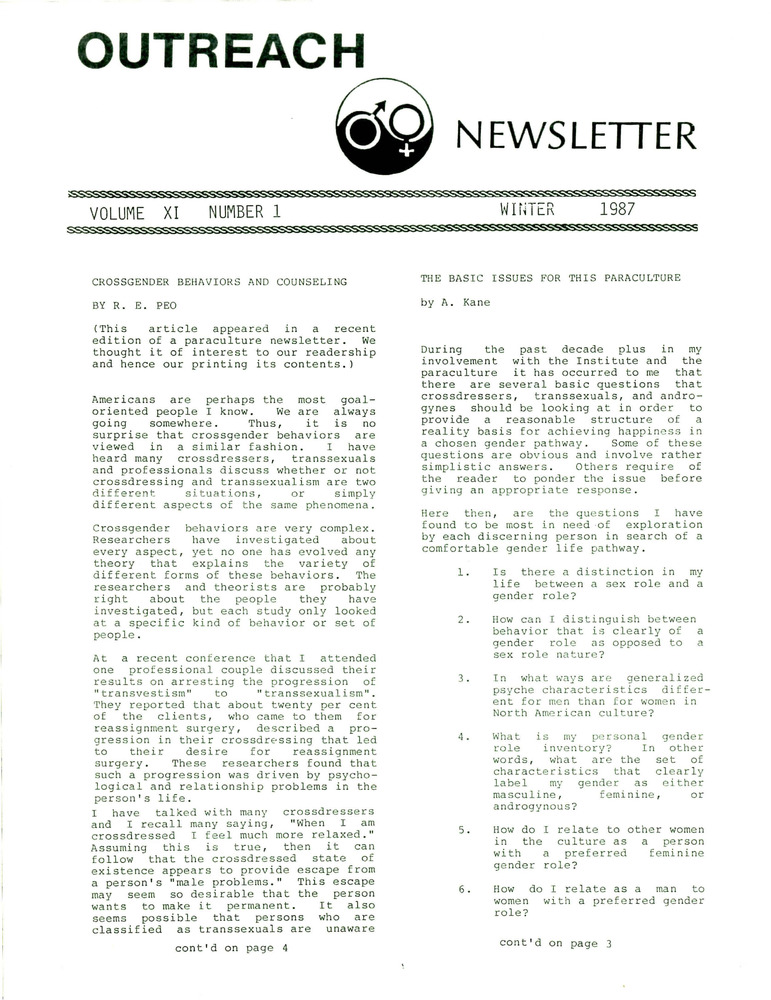 Download the full-sized PDF of Outreach Newsletter Vol. 11 No. 1 (Winter 1987)