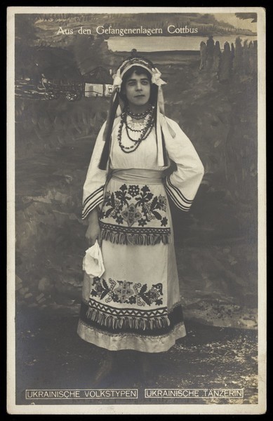 Download the full-sized image of A Ukrainian prisoner of war performing a dance at a prisoner of war camp in Cottbus. Photographic postcard by P. Tharan, 191-.