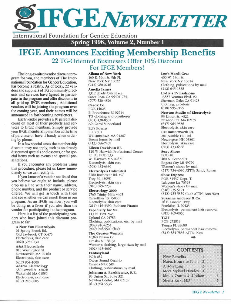 Download the full-sized PDF of IFGE Newsletter Vol. 2 No. 1 (Spring, 1996)