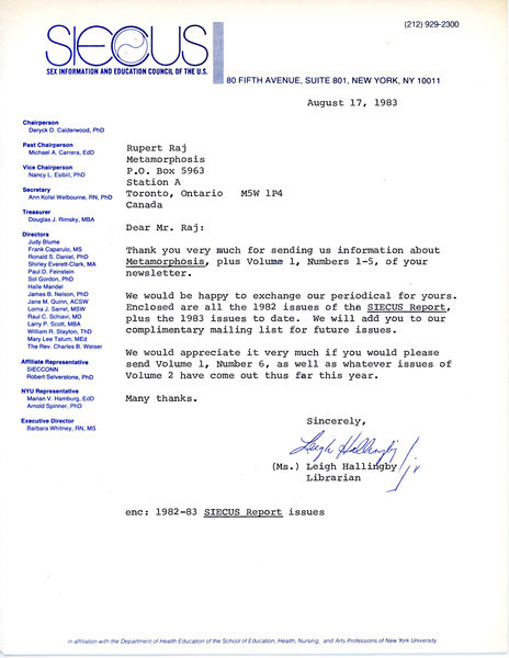 Download the full-sized image of Letter from Leigh Hallingby to Rupert Raj (August 17, 1983)