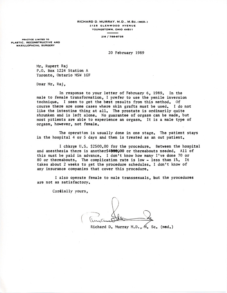 Download the full-sized PDF of Letter to Rupert Raj from Richard D. Murray (February 20, 1989)
