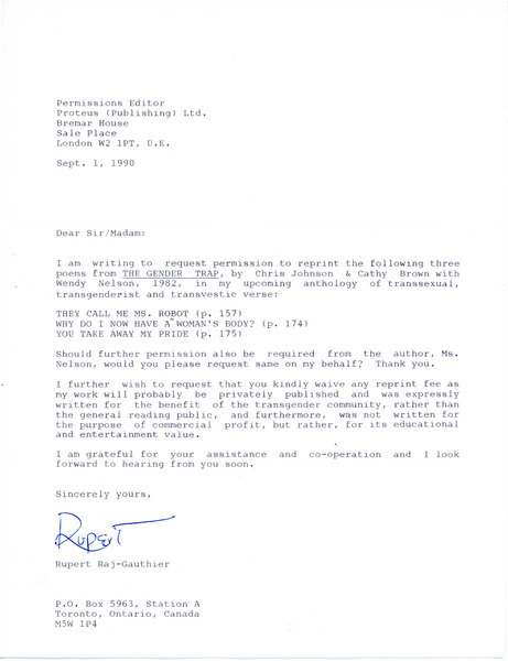 Download the full-sized image of Letter from Rupert Raj to the Permissions Editor at Proteus (Publishing) Ltd. (September 1, 1990)