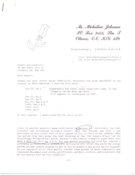 Download the full-sized image of Letter from Micheline Johnson to Rupert Raj (December 11, 1990)