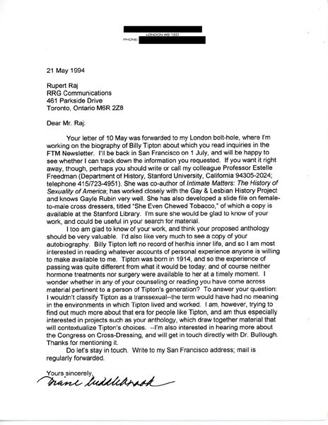 Download the full-sized image of Letter from Diane Middlebrook to Rupert Raj (May 21, 1994)