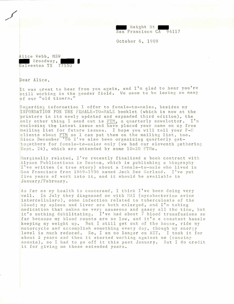 Download the full-sized PDF of Correspondence from Lou Sullivan to Alice Webb (October 6, 1989)