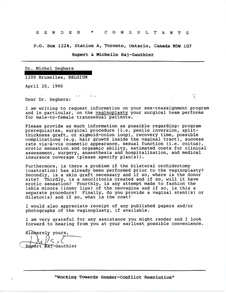 Download the full-sized PDF of Letter from Rupert Raj to Dr. Michel Seghers (April 20, 1990)