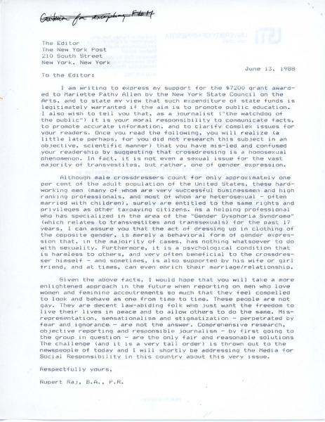 Download the full-sized image of Letter from Rupert Raj to the New York Post Editor (June 13, 1988)