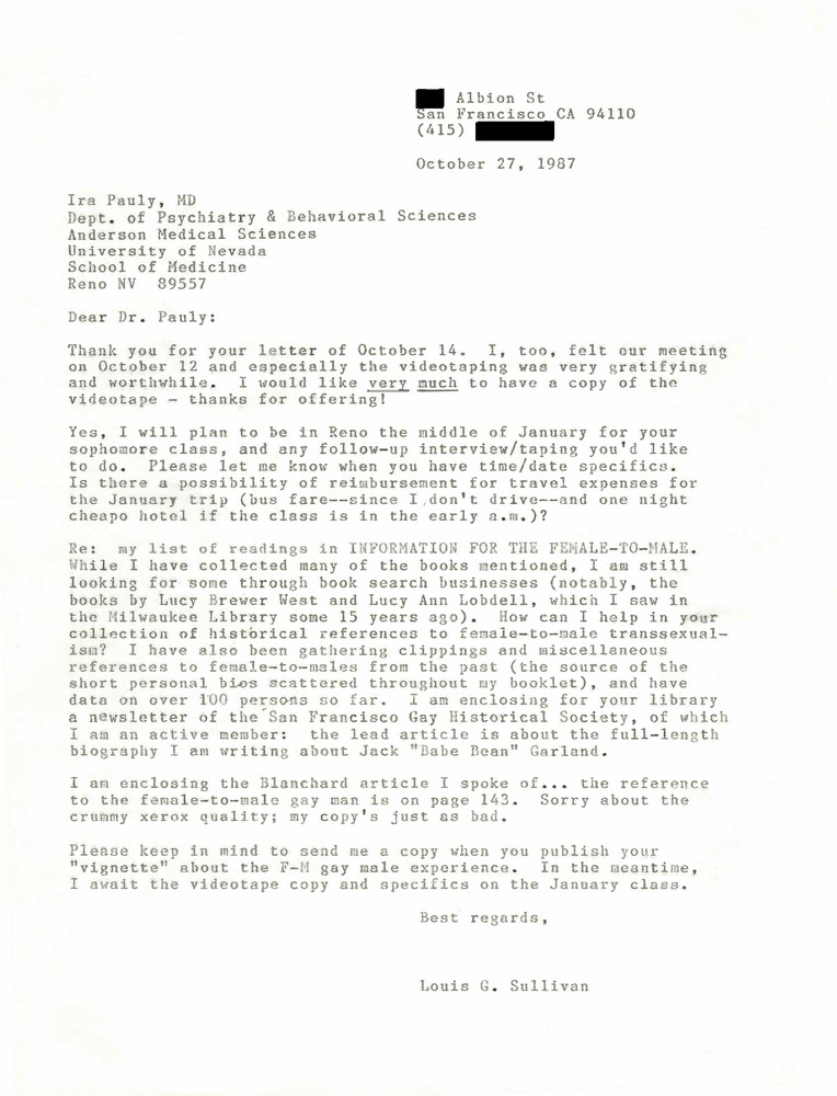 Download the full-sized PDF of Correspondence from Lou Sullivan to Ira Pauly (October 27, 1987)