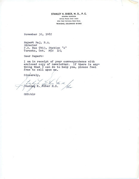 Download the full-sized image of Letter from Stanley Biber to Rupert Raj (November 30, 1982)