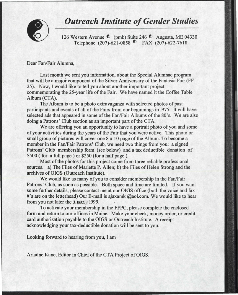 Download the full-sized PDF of Letter to Alumna and Membership Form (1999)
