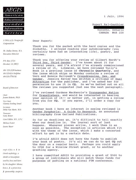 Download the full-sized image of Letter from Dallas Denny to Rupert Raj (July 1, 1994)