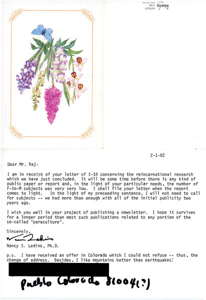 Download the full-sized image of Letter from Nancy S. Ledins to Rupert Raj (February 1, 1982)