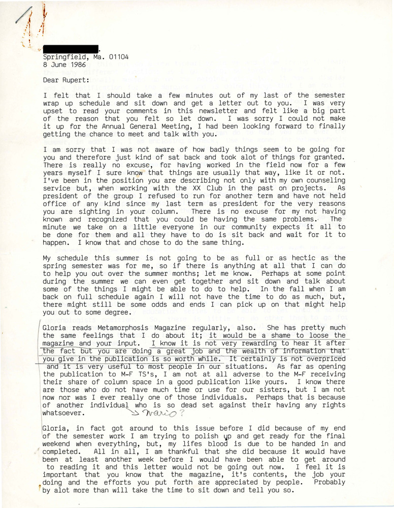 Download the full-sized PDF of Letters from Stephen E. Parent to Rupert Raj (June, 1986)