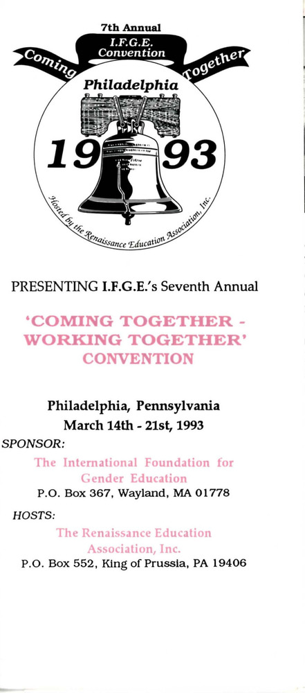 Download the full-sized PDF of Brochure for IFGE's 7th Annual "Coming Together - Working Together" Convention (March 14-21, 1993)