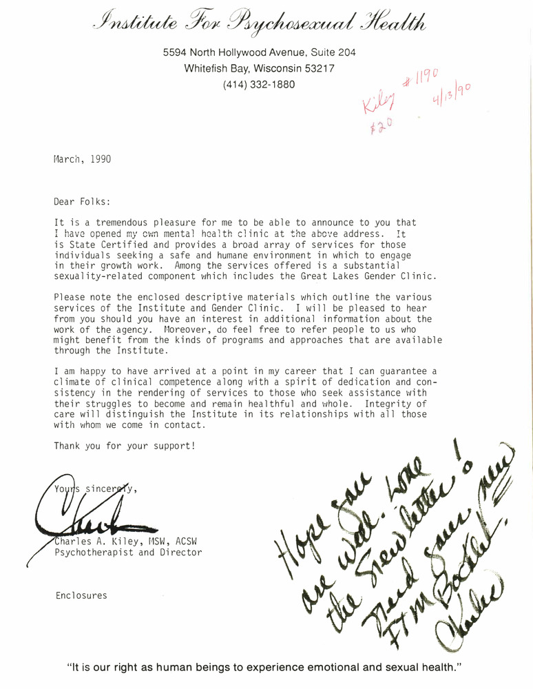 Download the full-sized PDF of Correspondence from Charles Kiley to Lou Sullivan (March 1990)