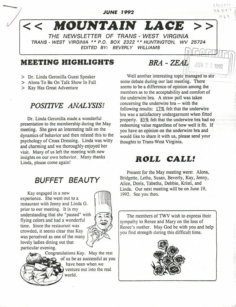 Download the full-sized PDF of Mountain Lace: The Newsletter of Trans - West Virginia (June, 1992)