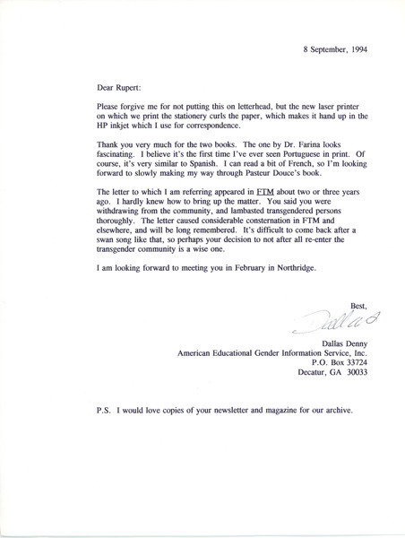 Download the full-sized image of Letter to Rupert Raj from Dallas Denny (September 8, 1994)