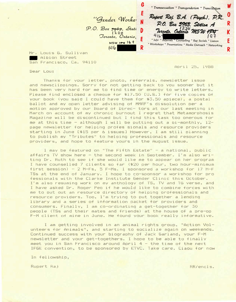 Download the full-sized PDF of Correspondence from Rupert Raj to Lou Sullivan (April 25, 1988)